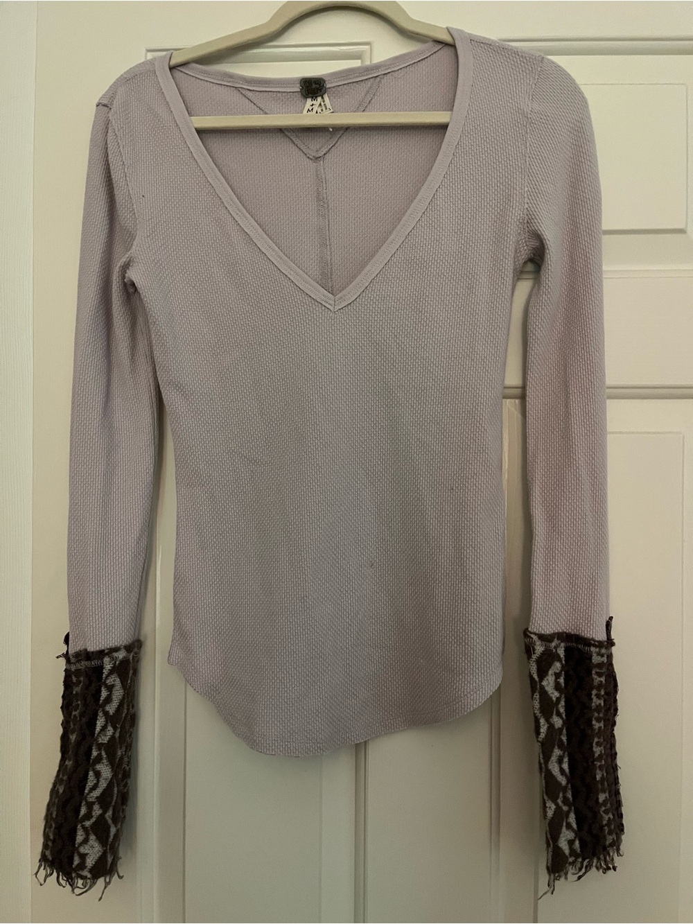We The Free Lavender V-Neck Long Sleeve Top with Fringe Cuffs